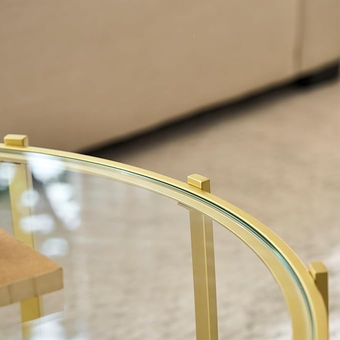 Saint Mossi Gold Drum Coffee Table for Living Room, Modern 2-Tier Glass Round Center Table, Clear Glass Top, Glass Shelf with Gold Finish Legs & Frame, W30xH16.5