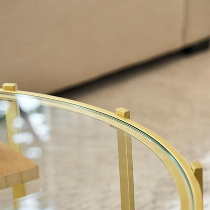 Saint Mossi Gold Drum Coffee Table for Living Room, Modern 2-Tier Glass Round Center Table, Clear Glass Top, Glass Shelf with Gold Finish Legs & Frame, W30xH16.5