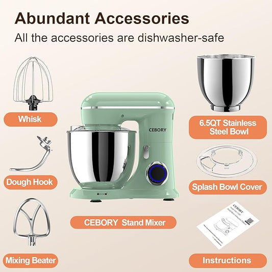 CEBORY 3-IN-1 Electric Stand Mixer, 6.5QT Bowl 660W 10-Speed Kitchen Mixer, Household Food Mixers include Dough Hook, Beater and Whisk, Bread Cake Mixer for Baking and Most Home Cooks, Agave Green