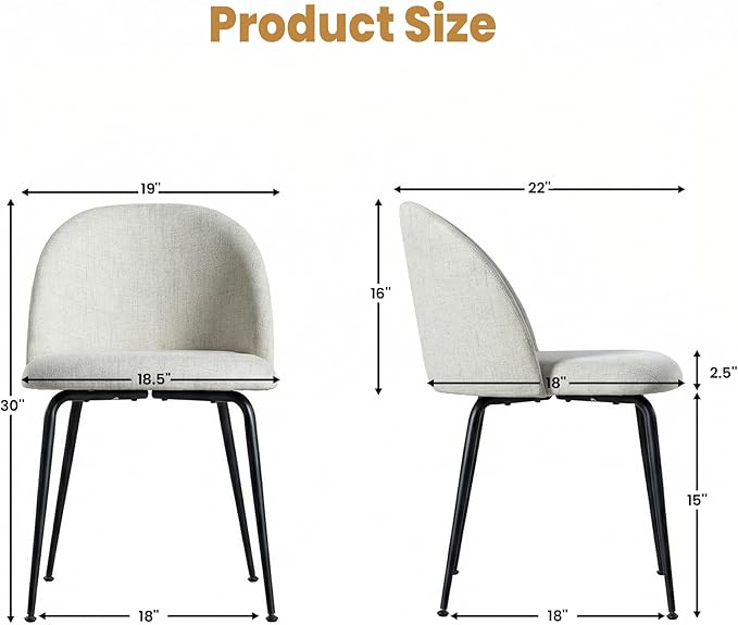 Casaphoria Dining Chairs Set of 2, Modern Gray and Black Upholstered Accent Chairs with Metal Legs, Ergonomic Comfy Vanity Chair for Kitchen, Living Room, and Bedroom