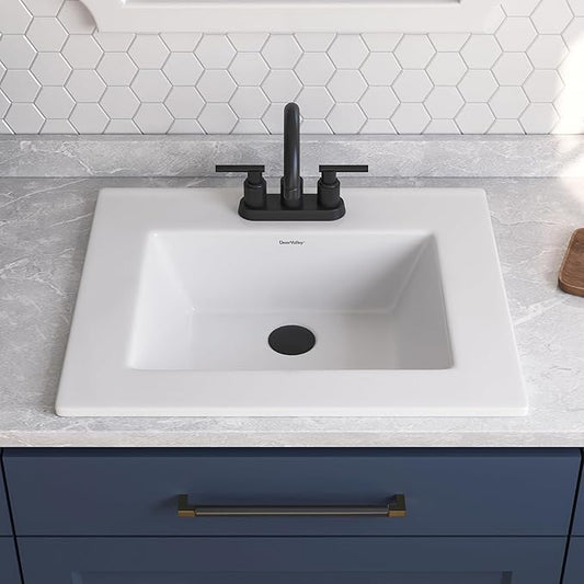 DeerValley 21x18 Inch Rectangular Fireclay Drop-in Bathroom Sink, White Vessel Sink with Overflow, Modern Art Basin, DV-1DS0123