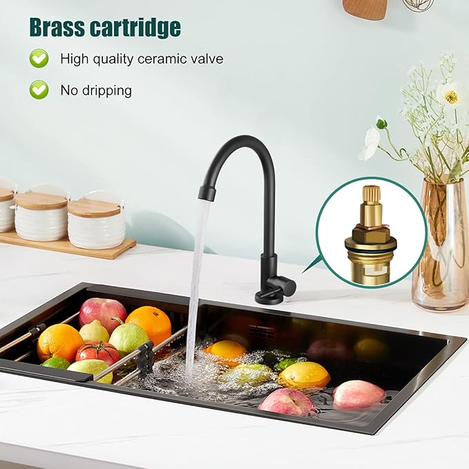 Heyalan Matte Black Cold Water Only Kitchen Faucet SUS304 Sink Faucets High Arc Gooseneck 360 Degree Rotation Spout Basin Tap with Longer Thread Pipe