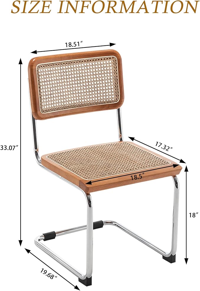 Alunaune Modern Mid Century Dining Chairs Set of 2, Upholstered Natural Rattan Kitchen Chairs Accent Chair, Armless Side Chairs with Metal Chrome Legs for Bedroom Living Room-Brown