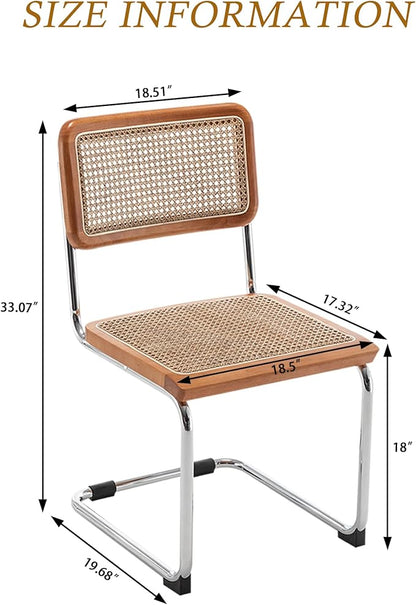 Alunaune Modern Mid Century Dining Chairs Set of 2, Upholstered Natural Rattan Kitchen Chairs Accent Chair, Armless Side Chairs with Metal Chrome Legs for Bedroom Living Room-Brown