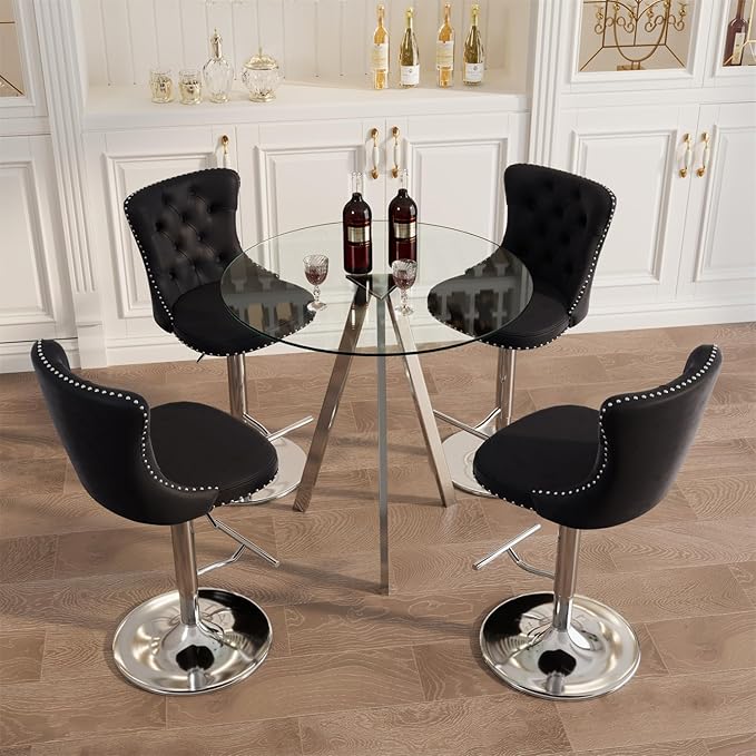 yeag 31.5'' Modern Luxury Glass Bar Table Set for 4, Round Pub Table Cocktail Table and 4 Adjustable Velvet Swivel Barstools Island Chairs for Bistro (Silver Metal Legs, Clear Top + Black Chair)