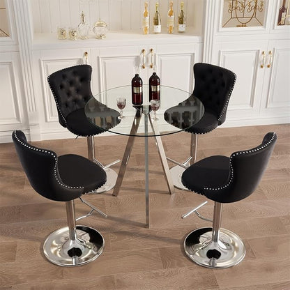 yeag 31.5'' Modern Luxury Glass Bar Table Set for 4, Round Pub Table Cocktail Table and 4 Adjustable Velvet Swivel Barstools Island Chairs for Bistro (Silver Metal Legs, Clear Top + Black Chair)