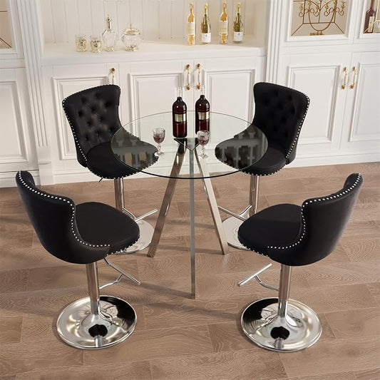 yeag 31.5'' Modern Luxury Glass Bar Table Set for 4, Round Pub Table Cocktail Table and 4 Adjustable Velvet Swivel Barstools Island Chairs for Bistro (Silver Metal Legs, Clear Top + Black Chair)