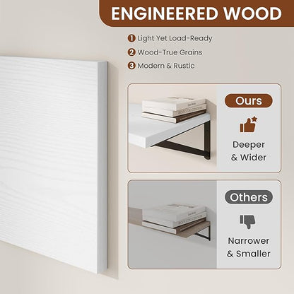 Deep Wall Shelves 30"W x 12"D Engineered Wood Floating Shelves for Wall, Sturdy Metal Bracket Bookshelves Home Decor Storage for Living Room Bedroom Bathroom Kitchen, Set of 2, White Finish