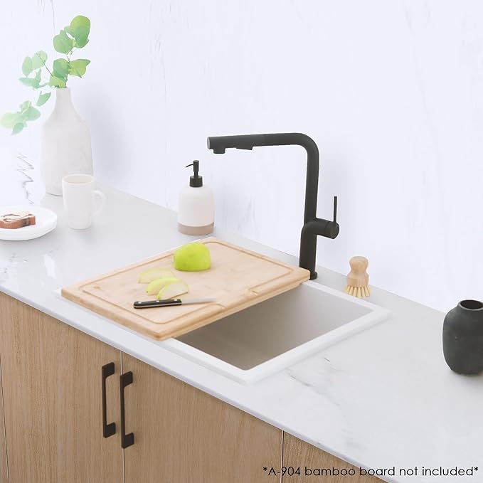 Stylish 22 x 17.5 Composite Granite Kitchen Sink, Single Bowl Under Mount & Drop in, 8.25 in Deep, Rear-Center Drain, with Strainer, White, S-822H