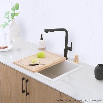 Stylish 22 x 17.5 Composite Granite Kitchen Sink, Single Bowl Under Mount & Drop in, 8.25 in Deep, Rear-Center Drain, with Strainer, White, S-822H