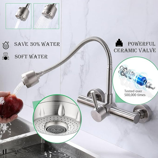 Wall Mount Kitchen Sink Faucet with Sprayer 8“ Inch Center, Brushed Nickle Stainless Steel Sink Mixer Tap, Laundry Utility Faucets with Dual Functional Sprayer