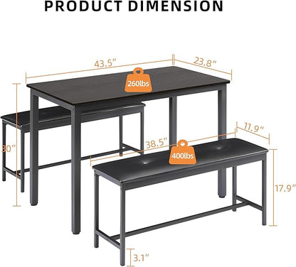 Dining Table Set for 4, Wood Kitchen Table & Chair with 2 Upholstered Benches for Breakfast Nook and Small Space, Black