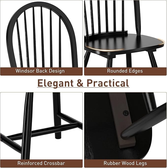 SIMOE Black Dining Chairs Set of 2, Windsor Wooden Dining Chairs with Spindle Back, H-Shaped Crossbars, Morden and Mid Century Kitchen Chairs for Dining Room Farmhouse Kitchen Island