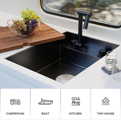 TORVA RV Kitchen Sink, 16 x 21 x 7 Inch Undermount Bar Sink 16 Gauge Stainless Steel Single Bowl Sink with Foldable Faucet Cutting Board, Dark Grey