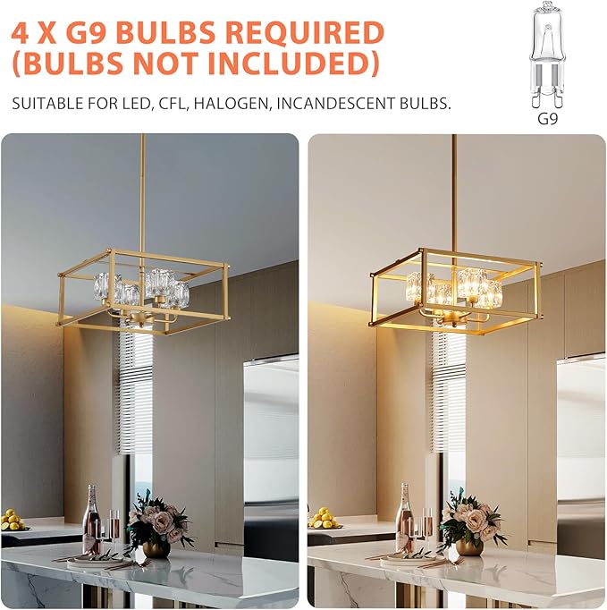 Modern Gold 4-Light Farmhouse Chandelier 15.7" Square Pendant Lighting Fixture Adjustable Height Ceiling Light for Kitchen Living Room Dining Room Hallway Bedroom Foyer