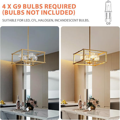 Modern Gold 4-Light Farmhouse Chandelier 15.7" Square Pendant Lighting Fixture Adjustable Height Ceiling Light for Kitchen Living Room Dining Room Hallway Bedroom Foyer