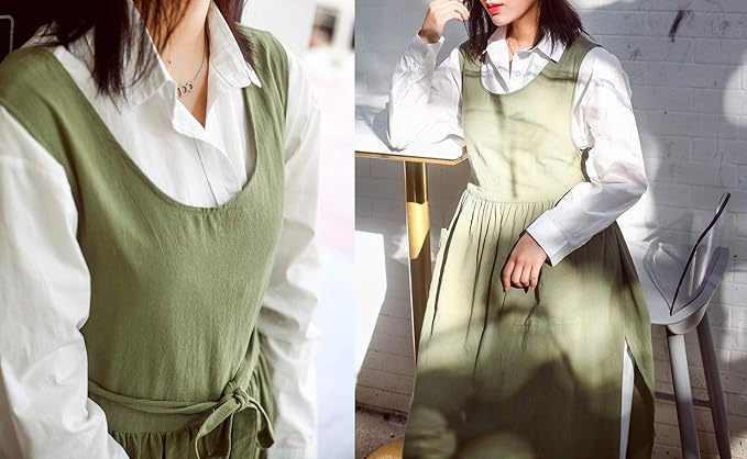 Women Plus Size Cotton Linen Vintage Pleated Split Apron Pinafore Dress with Two Pockets
