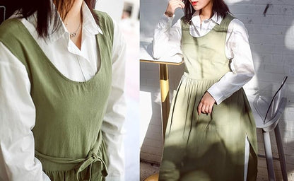 Women Plus Size Cotton Linen Vintage Pleated Split Apron Pinafore Dress with Two Pockets
