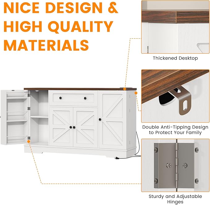 Bigbiglife Sideboard Buffet Cabinet, Modern Kitchen Coffee Bar Cabinet with Drawers & Charging Station, Storage Cabinet with Barn Doors, Wine Rack and Hooks, Wood Sideboard Buffet for Kitchen, White