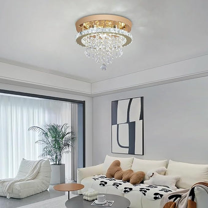 Deckrico Modern Gold Crystal Chandelier 11.8" LED Ceiling Light, Flush Mount Lighting Fixture for Bedroom, Hallway, Kitchen, Dining Room – Cool White