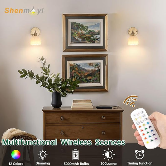 Shenmoyl Vintage Battery Operated Wall Sconce with White Tulip Glass Lampshade 5000 mAh Rechargeable Battery Powered Wall Light with Remote Control for Bedside Bedroom Doorway, Set of 2