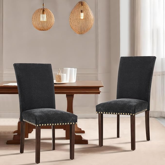COLAMY Upholstered Parsons Dining Chairs Set of 2, Fabric Dining Room Kitchen Side Chair with Nailhead Trim and Wood Legs - F-Black