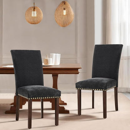 COLAMY Upholstered Parsons Dining Chairs Set of 2, Fabric Dining Room Kitchen Side Chair with Nailhead Trim and Wood Legs - F-Black