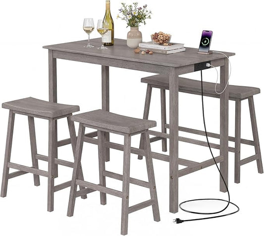 Giantex 4-Piece Counter Height Dining Table Set with Power Outlet, Solid Rubber Wood Kitchen Table with Saddle Backless Bench & 2 Stools, Space-Saving Bar Table Set for Breakfast Nook (Gray)
