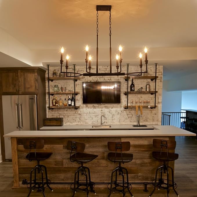 8-Light Black Chandelier, Farmhouse Dining Room Light Fixtures Over Table, Metal Candle Rectangular Chandelier Light Fixture Dining Retro Kitchen Island Lighting Living Room Entryway37in