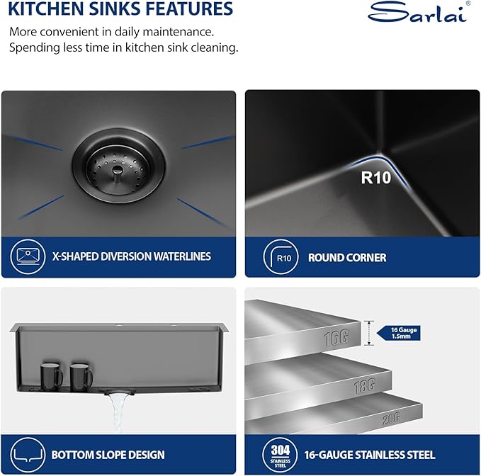 Sarlai 36 Inch Black Drop In Kitchen Sink Workstation - 36x19 Drop In Kitchen Sink Black Stainless Steel Topmount Workstation Sink 16 Gauge Deep Single Bowl Top-mount Kitchen Sink