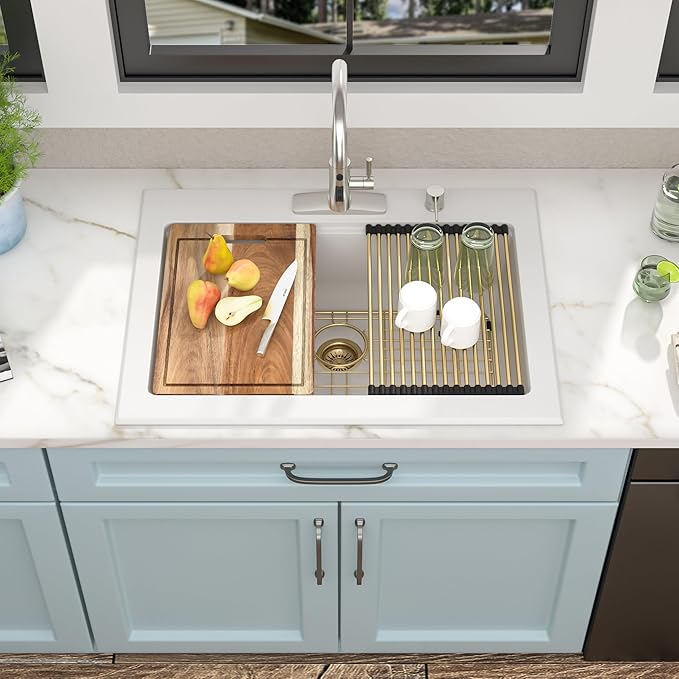 30"x22" Granite Composite Kitchen Sink – White Ledge Workstation Drop In Top-Mount Granite Quartz Classic Luxury Above Counter Single Bowl Sink Basin