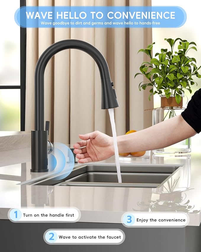 Touchless Matte Black Kitchen Sink Faucet with Pull Down Sprayer, Motion Sensor Touch on Faucets for Kitchen Sink, 360° Swivel Spout