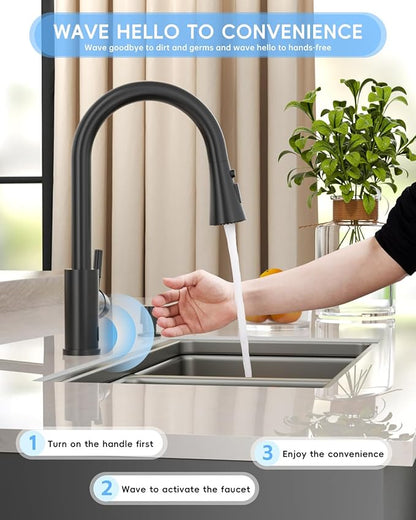Touchless Matte Black Kitchen Sink Faucet with Pull Down Sprayer, Motion Sensor Touch on Faucets for Kitchen Sink, 360° Swivel Spout