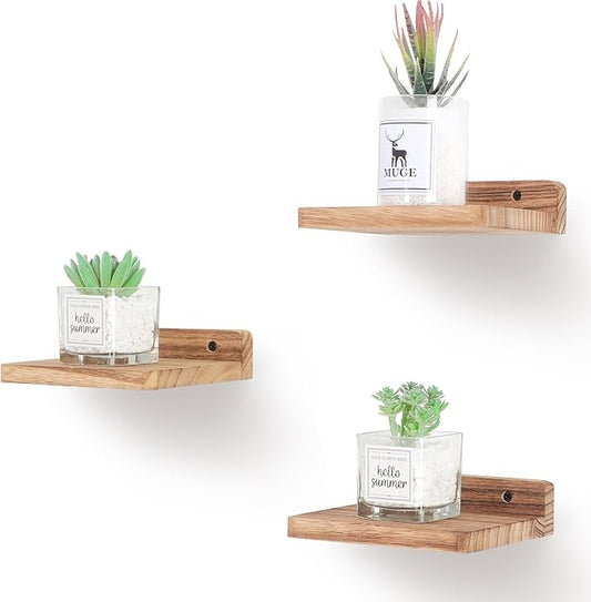 Small Floating Shelf, 5x6 Inch Display Ledges for Wall,Mini Shelves,Rustic Wood Shelf for Bedroom Living Room Bathroom Kitchen (3, Carbonized Black)