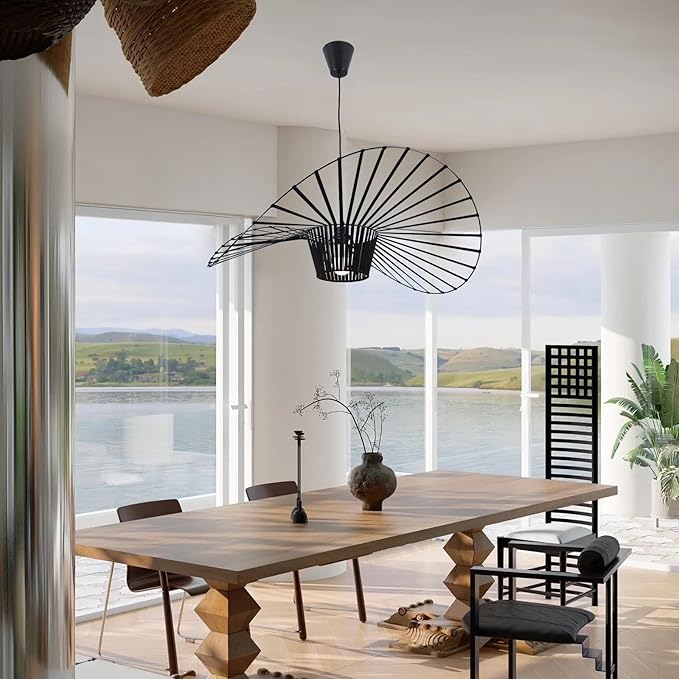 Modern Black Woven Chandelier, 31.5" Farmhouse Coastal Hat Pendant Light Fixtures Matte Black Handwoven Shade Boho Pendant Hanging Lamp for Kitchen Dining Room Bedroom Foyer Hallway