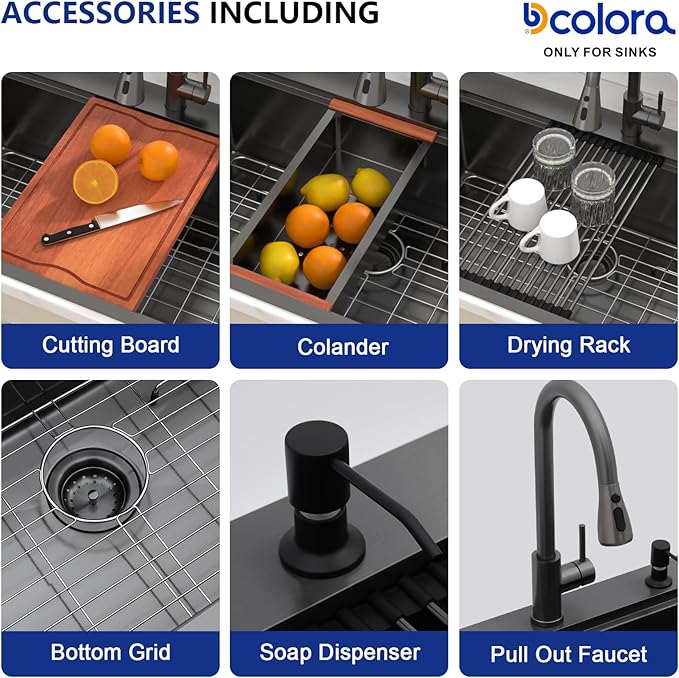 Dcolora 33 Inch Black Kitchen Sink -33×22 Drop In Kitchen Sink With Faucet Topmount Stainless Steel Sinks Overmount Single Bowl Workstation Nano Coating Surface,DC-SFDOE00005