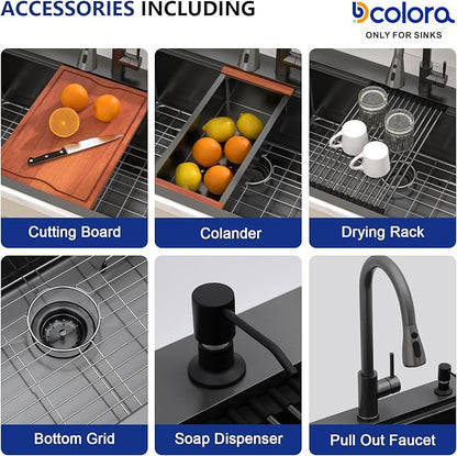 Dcolora 36 Inch Black Kitchen Sink,Drop In Kitchen Sink With Faucet Topmount Large Stainless Steel Workstation Single Bowl Nano Coating Surface Gunmetal Black, DC-SFDOE00006