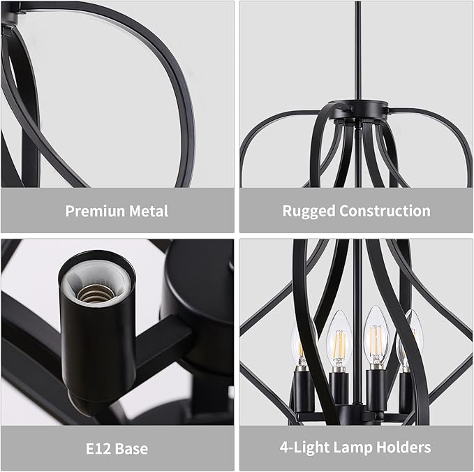 Black Chandelier 4 Light Industrial Dining Room Light Fixture 18'' Modern Farmhouse Contemporary Chandelier Hanging Pendant Light Fixture Entryway Chandelier for Foyer,Kitchen,Living Room,Bedroom