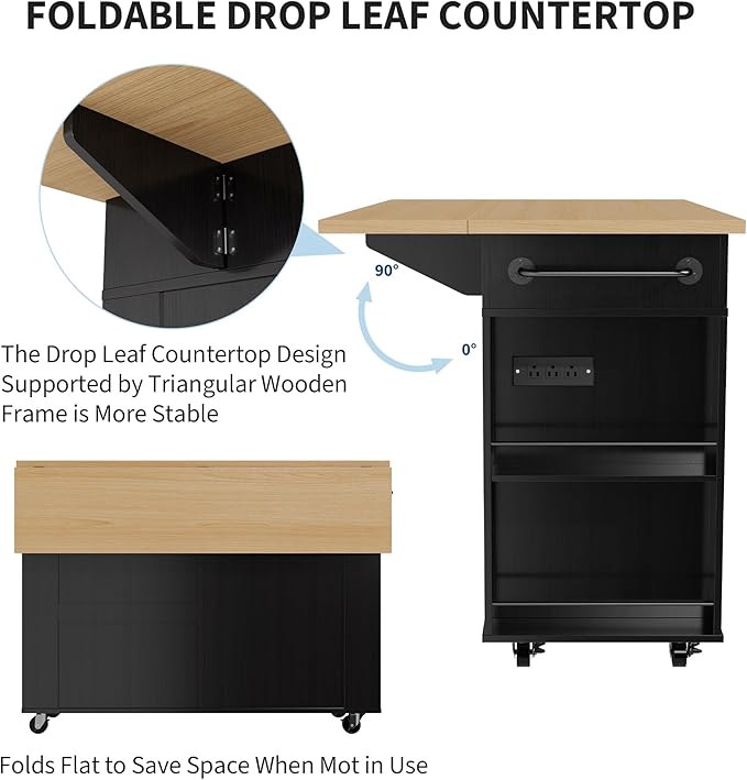 Garvee Rolling Kitchen Island Cart with Power Outlet & Drop Leaf, Kitchen Storage Cabinet On Wheels with 3 Drawers, Spice Rack & Towel Rack, Mobile Island Table for Kitchen