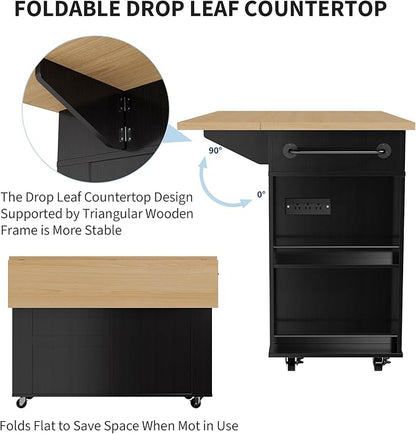IDEALHOUSE Rolling Kitchen Island with Drop Leaf Countertop, Charging Station & Ample Storage - 47.2" Mobile Kitchen Cart On Wheels with Pull-Out Shelves, Drawers, Spice Rack & Organizer Divider