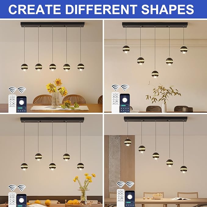 ORANOOR Modern LED Pendant Lights, Dimmable 36in Crystal Globe LED Chandelier Lighting, Black & Gold Dining Room Hanging Light Fixtures Kitchen Island Linear Pendant Light for Dining Table (3500lm)