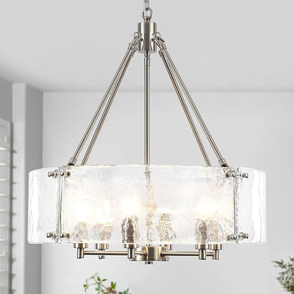 Modern Brushed Nickel Glass Chandelier for Dining Room,19.69 inch Textured Crystal Drum Farmhouse Chandelier Light Fixture for Dining Room Kitchen Island Living Room Bedroom Foyer