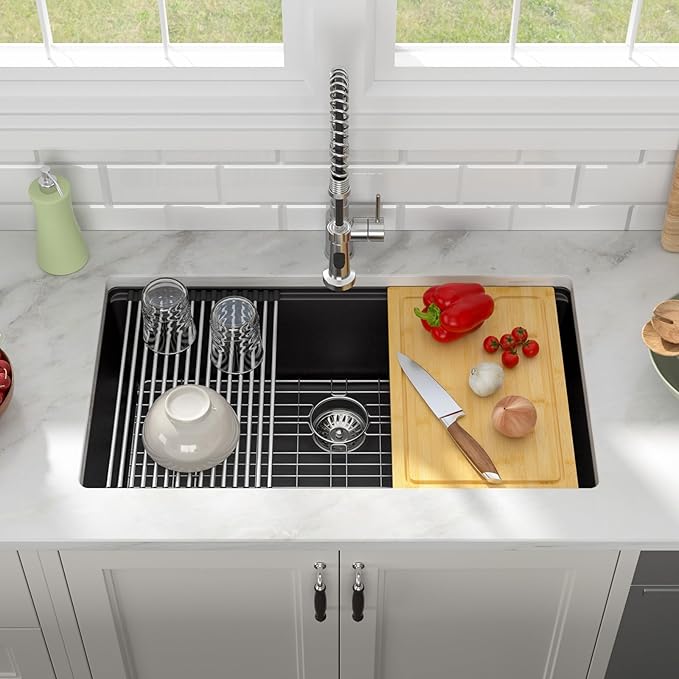 33 x 19 Inch Undermount Granite Composite Kitchen Sink Matte Black Quartz Workstation Single Bowl Deep Modern Design with Accessories