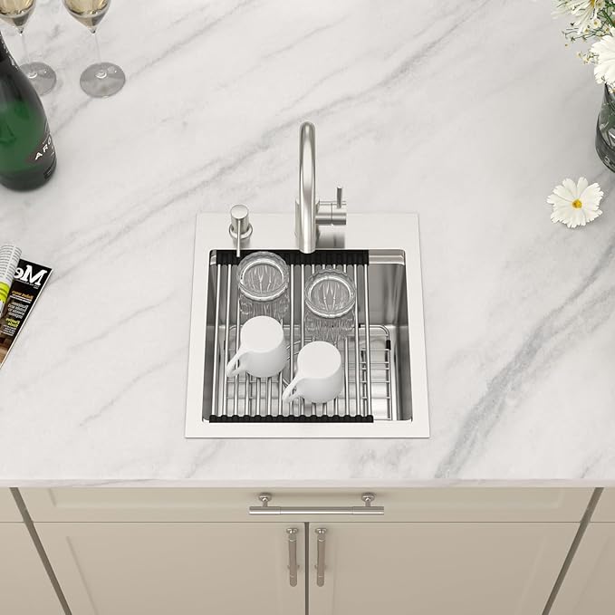 Dcolora Drop In Bar Sink 15x17x9 Inches, Workstation with Accessories, Brushed 304 Stainless Steel, Heavy Duty 16 Gauce, Small Single Bowl Perfect for Small Kitchen, Bar, Kitchen Island #DC-TW258004