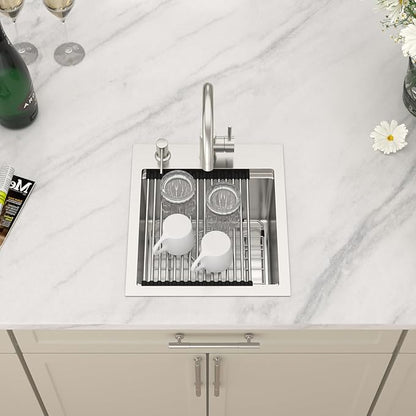 Dcolora Drop In Bar Sink 15x17x9 Inches, Workstation with Accessories, Brushed 304 Stainless Steel, Heavy Duty 16 Gauce, Small Single Bowl Perfect for Small Kitchen, Bar, Kitchen Island #DC-TW258004
