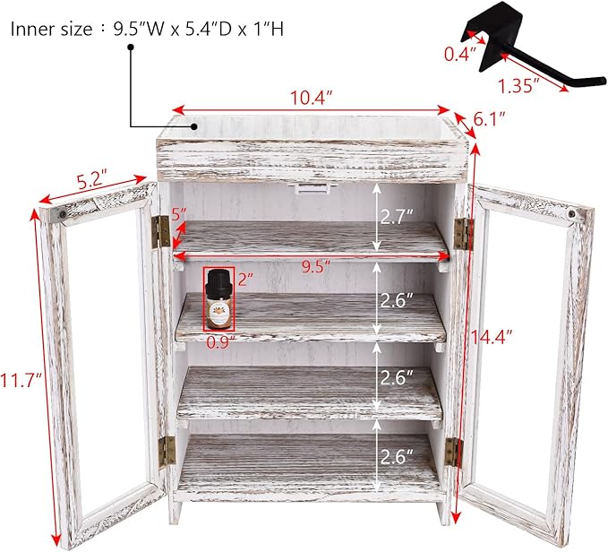 Ikee Design Wooden Countertop Storage Cabinet. Customizable Organizer with Adjustable Shelves, Glass Window Door and Removable Metal Hook. Perfect for Kitchen, Vanity, or Bathroom. Antique White