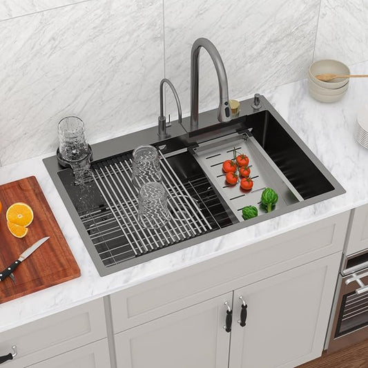 Logmey 33 Inch Waterfall Kitchen Sink Black Workstation Smart Sinks 33x22x9 Inch Drop In Kitchen Sink with faucet Combo Stainless Steel 16-Gauge Single Bowl Topmount Sinks