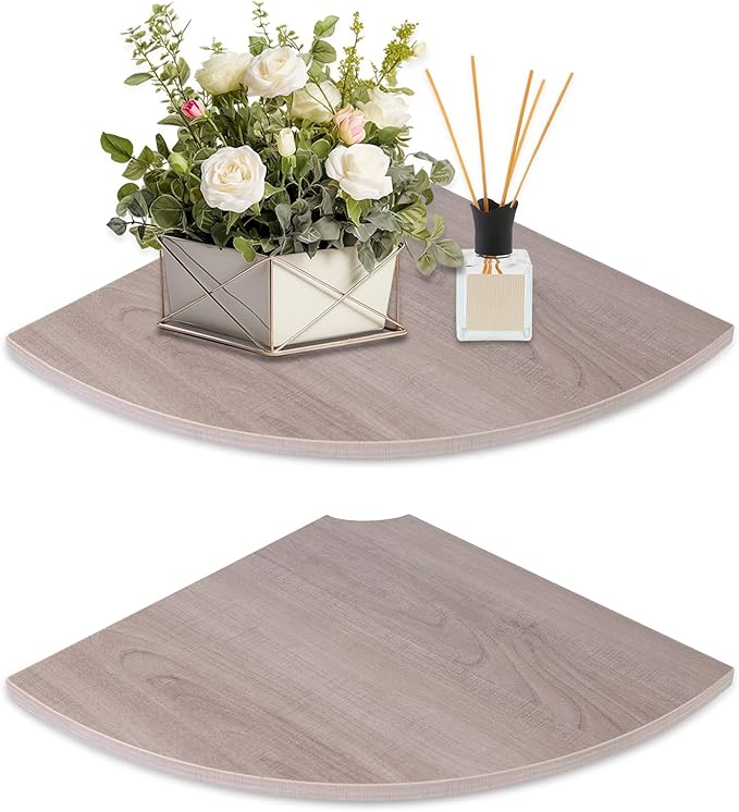 JJL Corner Wall Shelf, 12-Inch Sector Shelf, Set of 2 Wooden Hanging Shelves With Wire Hole for Bedroom Decoration, Grey