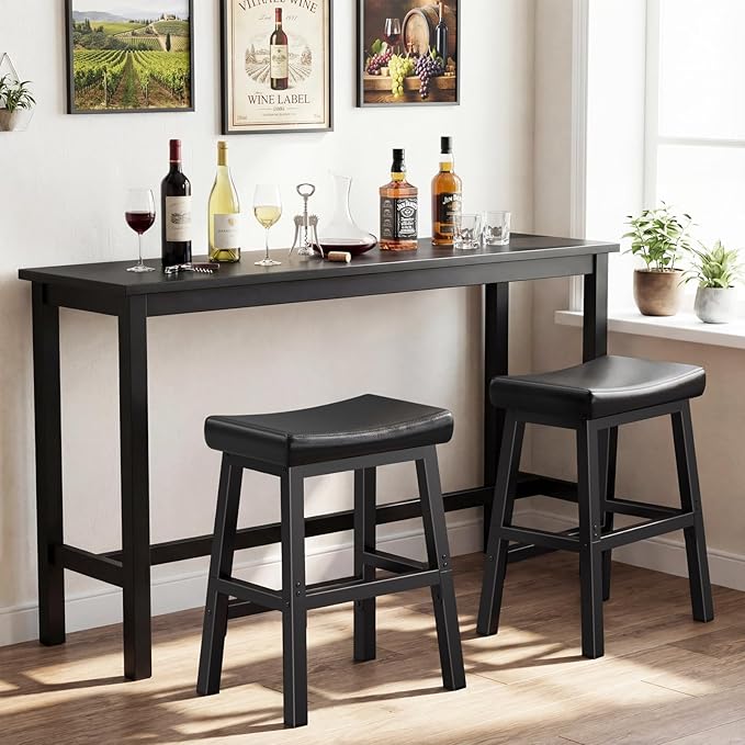 WINAZ Modern Backless Bar Stools Set of 2, 24 Inch Counter Height Stools with Footrest, Matte Finish Metal Legs, Padded Faux Leather Kitchen Island Chairs, Space Saving Stationary Design, Black