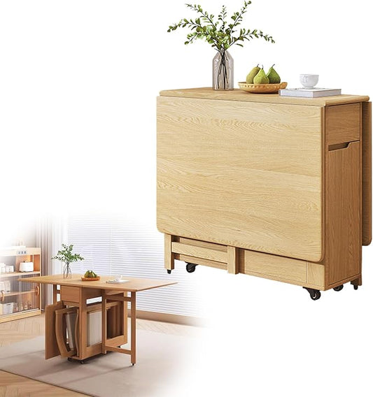Expandable Table Dining Convertible Tables for Small Spaces Collapsible Kitchen Table Table with Wheels and Drawers Folding Desk Table,Wood Color,14cm